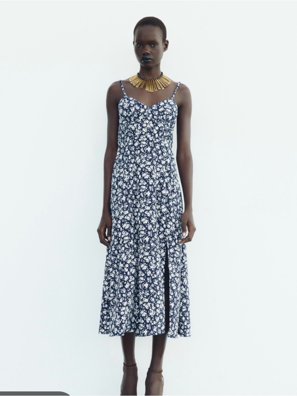 Zara Navy and White Floral Spaghetti-Strap Midi Dress with slip in front